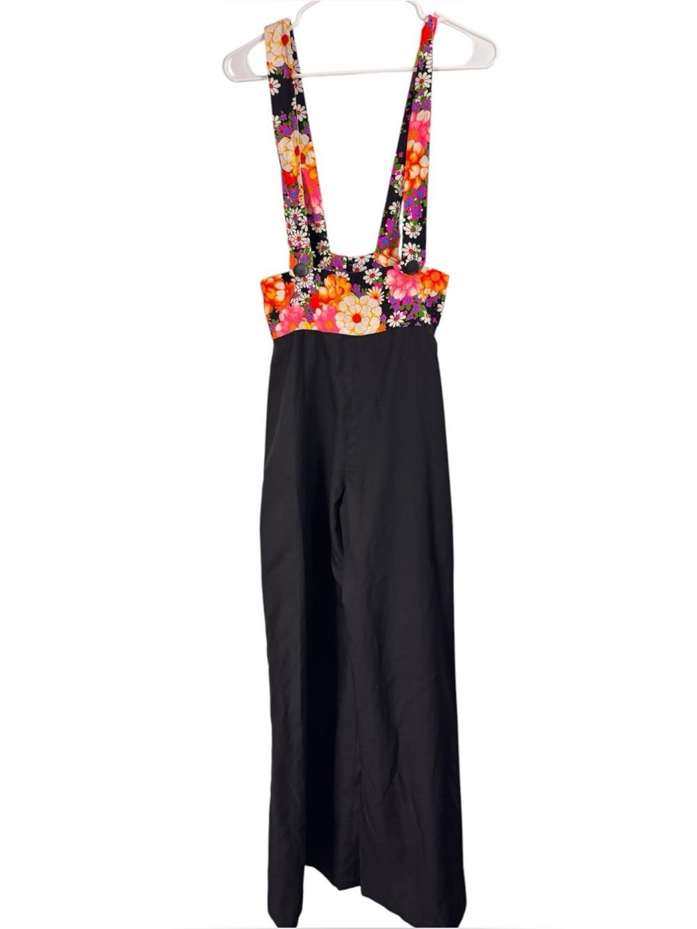 Vintage 60s 70s Bright Floral Barkcloth Black Palazzo Pants Suspender Hand Made